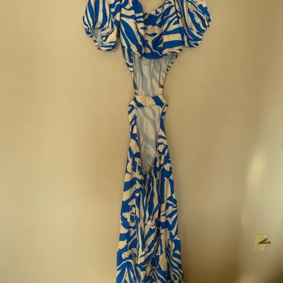 Blue and cream colored all over print off the shoulder, ruffle  dress - Picture 6 of 7